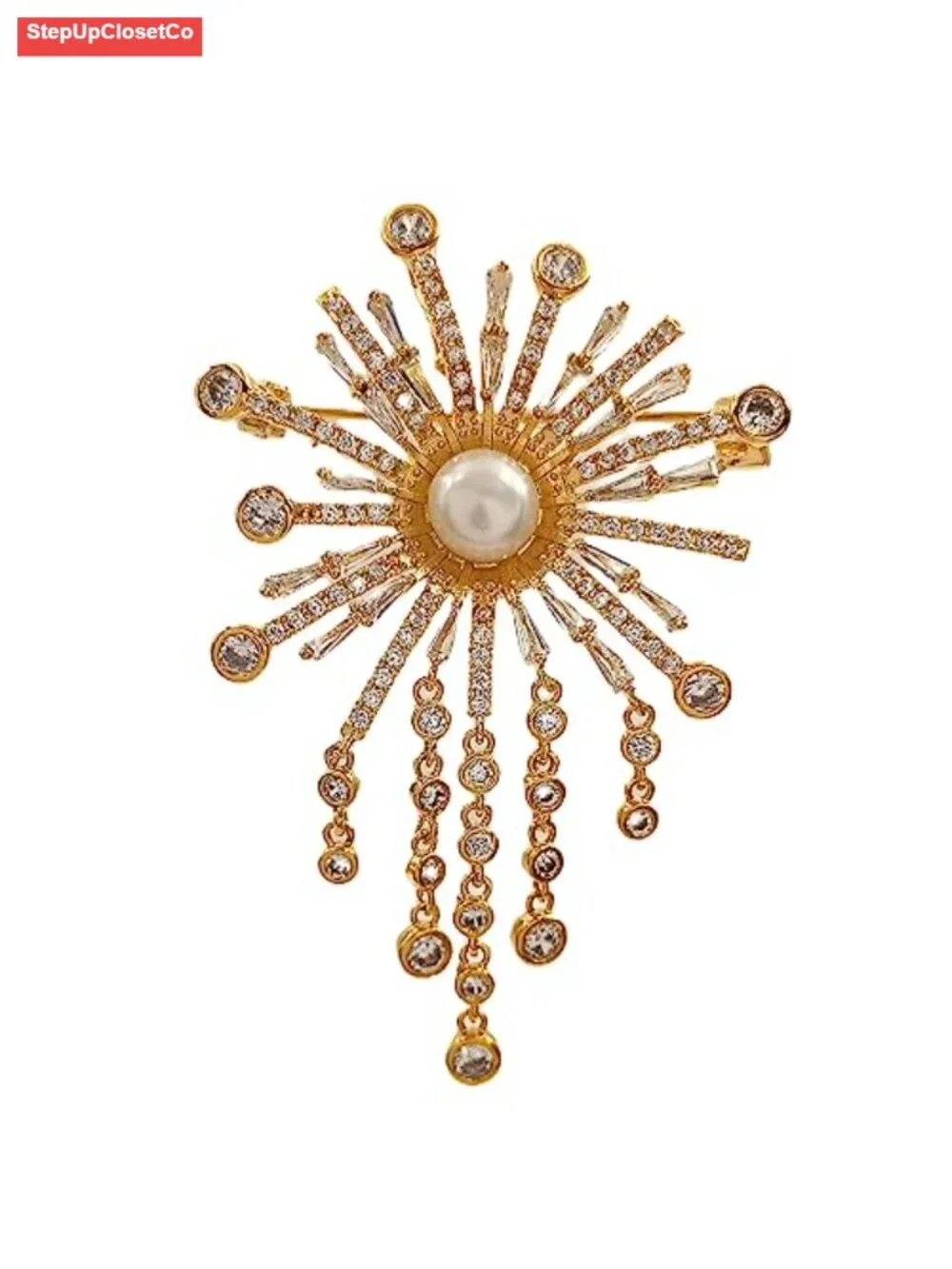 Cubic Zircon Pearl Sunburst Brooch Fringe Tassel Pin